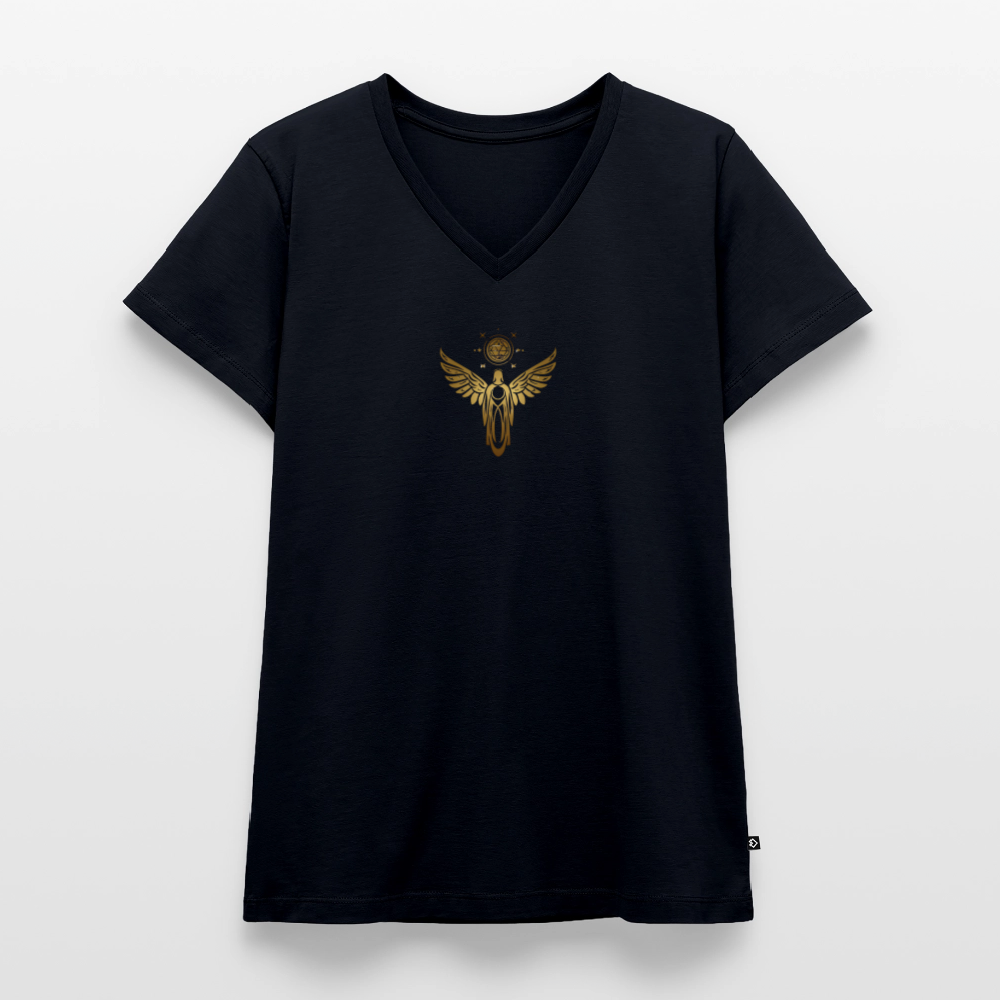 Frauen Bio-T-Shirt mit V-Ausschnitt "Einssein mit der Quelle" - Navy