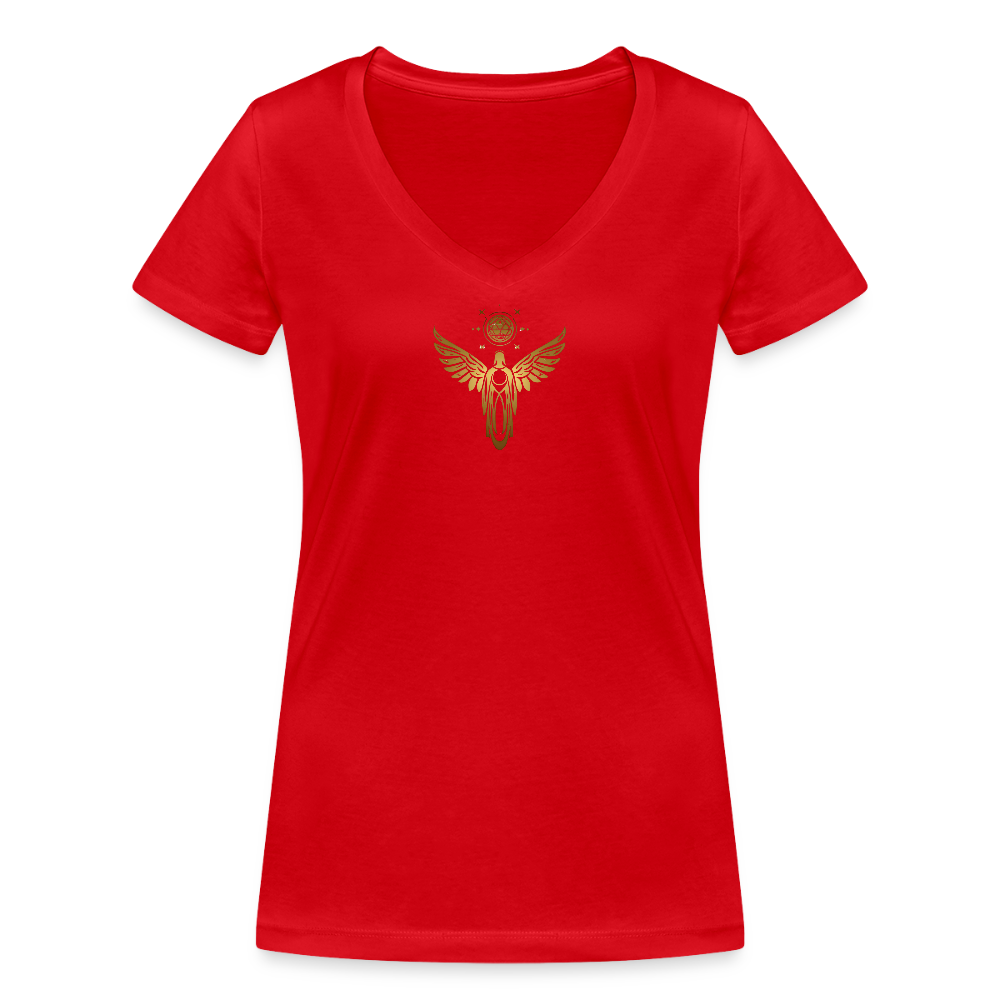 Frauen Bio-T-Shirt mit V-Ausschnitt "Einssein mit der Quelle" - Rot