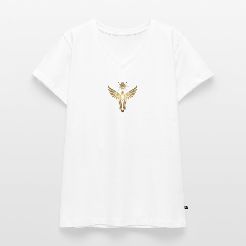 Frauen Bio-T-Shirt mit V-Ausschnitt "Einssein mit der Quelle" - Weiß
