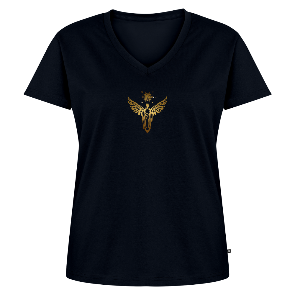 Frauen Bio-T-Shirt mit V-Ausschnitt "Einssein mit der Quelle" - Navy