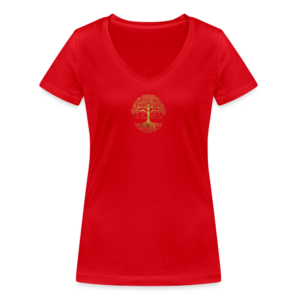 Frauen Bio-T-Shirt mit V-Ausschnitt "Weltenbaum" - Rot
