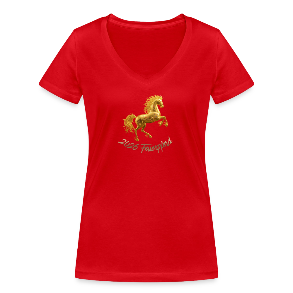Frauen Bio-T-Shirt mit V-Ausschnitt Motiv "Feuerpferd" - Rot