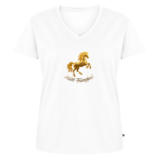Frauen Bio-T-Shirt mit V-Ausschnitt Motiv "Feuerpferd" - Weiß