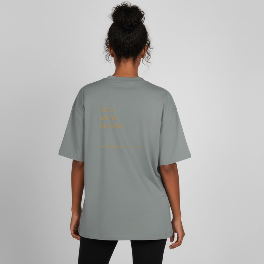 Heavyweight Unisex Bio T-Shirt "Atme Lächle Lausche" - Nebelgrau