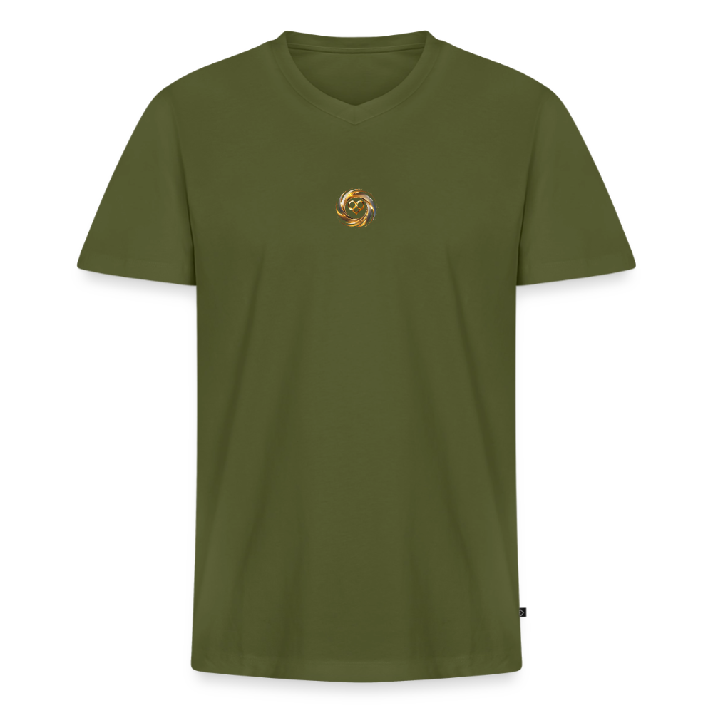 Männer Bio-T-Shirt mit V-Ausschnitt bedruckt vorne & hinten "ICH BIN" - Khaki