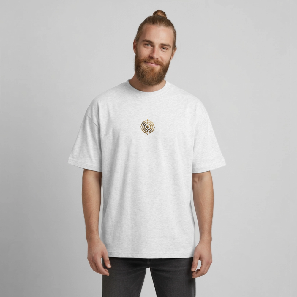 Heavyweight Unisex Bio T-Shirt "Effatá – öffne dich" Rückseite "Die stille Kraft für den inneren Frieden.§ - Kühles Grau meliert