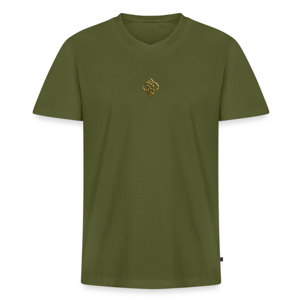 Männer Bio-T-Shirt mit V-Ausschnitt "Die höchste Monade" Druck vorne & hinten - Khaki