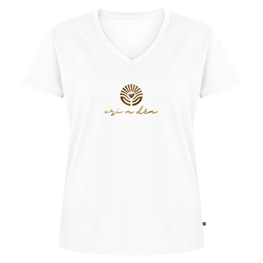 Frauen Bio-T-Shirt mit V-Ausschnitt "ORI A DÉA" - Weiß
