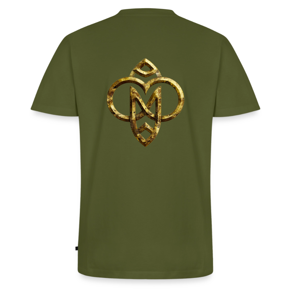 Männer Bio-T-Shirt mit V-Ausschnitt "Die höchste Monade" Druck vorne & hinten - Khaki