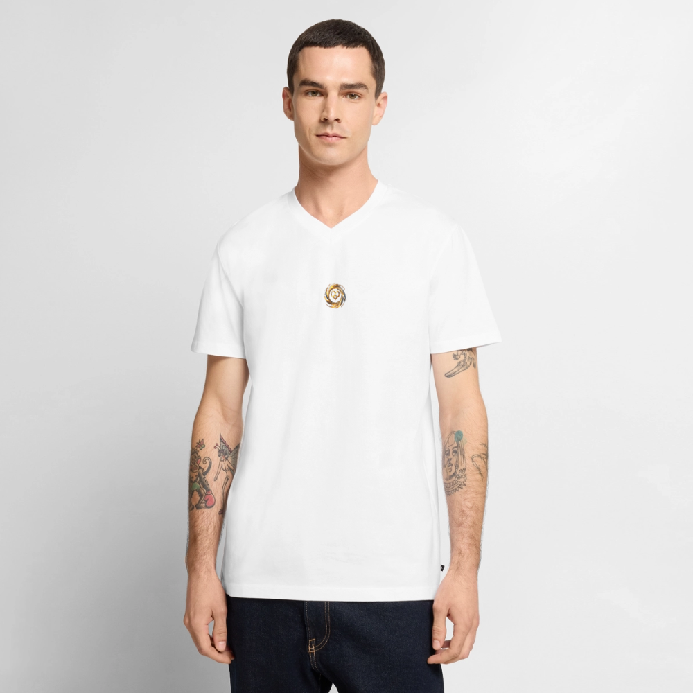 Männer Bio-T-Shirt mit V-Ausschnitt bedruckt vorne & hinten "ICH BIN" - Weiß