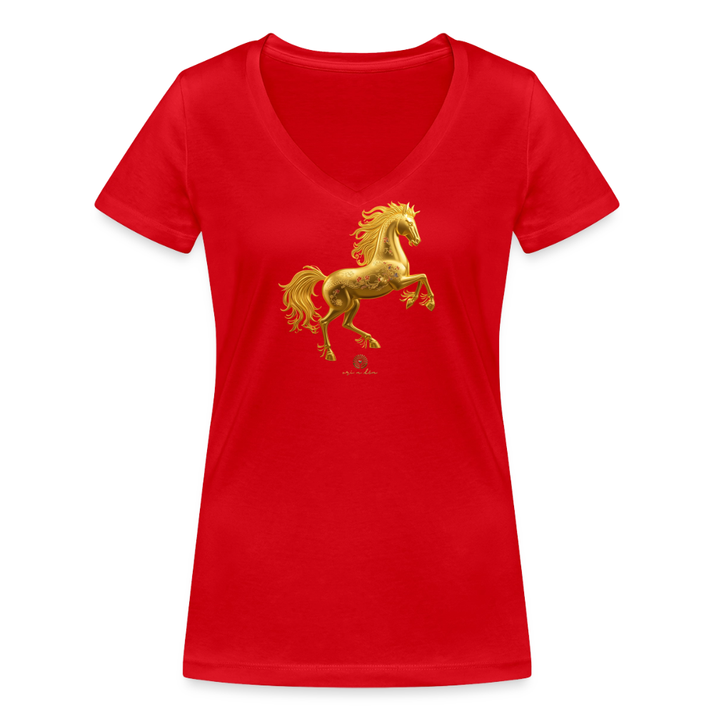 Frauen Bio-T-Shirt mit V-Ausschnitt "Feuerpferd" - Rot