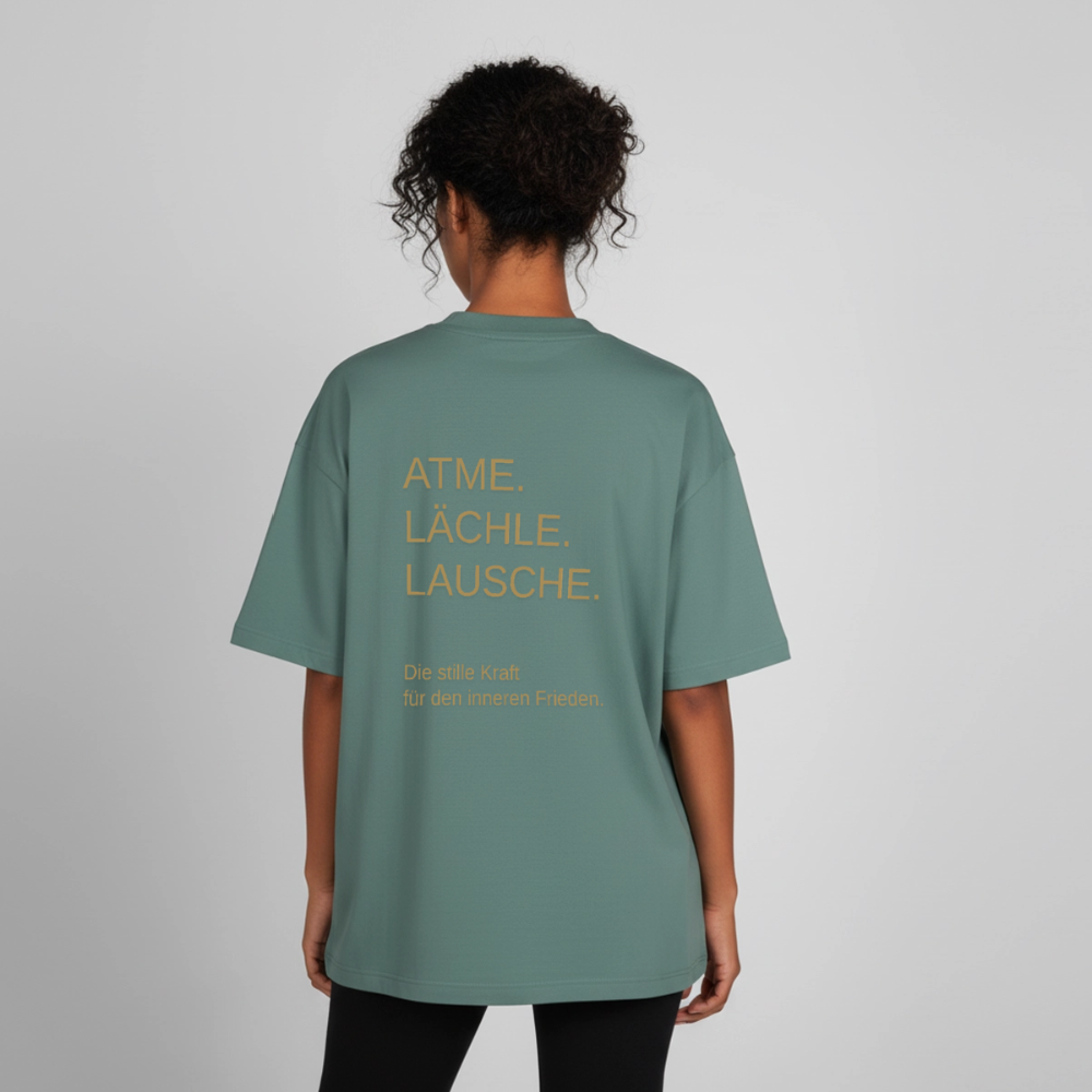 Heavyweight Unisex Bio T-Shirt "Effatá – öffne dich" Rückseite "Die stille Kraft für den inneren Frieden.§ - Grüner Bucht
