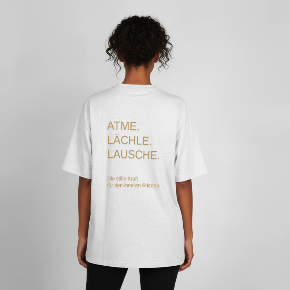 Heavyweight Unisex Bio T-Shirt "Effatá – öffne dich" Rückseite "Die stille Kraft für den inneren Frieden.§ - Kühles Grau meliert