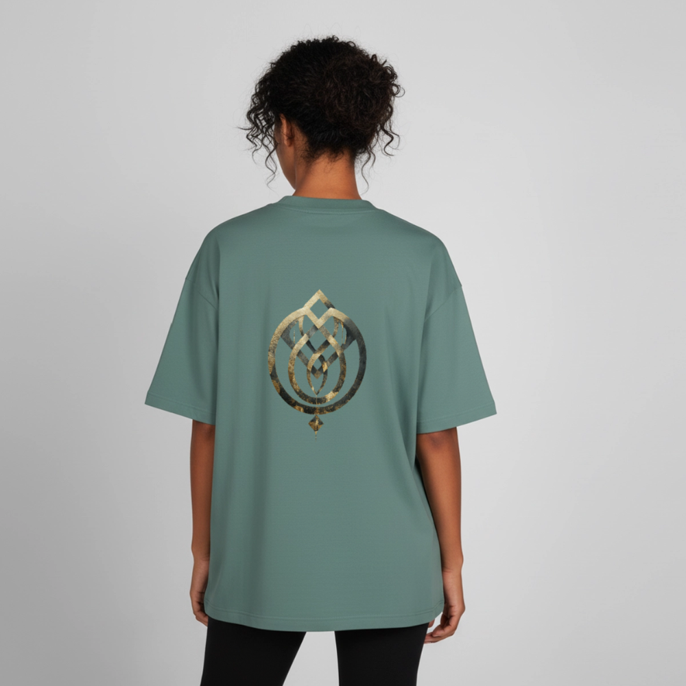 Heavyweight Unisex BioT-Shirt "Anima Soluta" vorne & hinten bedruckt - Grüner Bucht