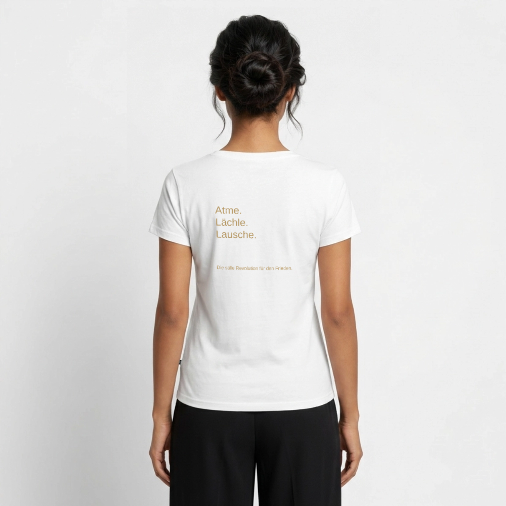 Frauen Bio-T-Shirt mit V-Ausschnitt Atme - Lächle - Lausche - Weiß