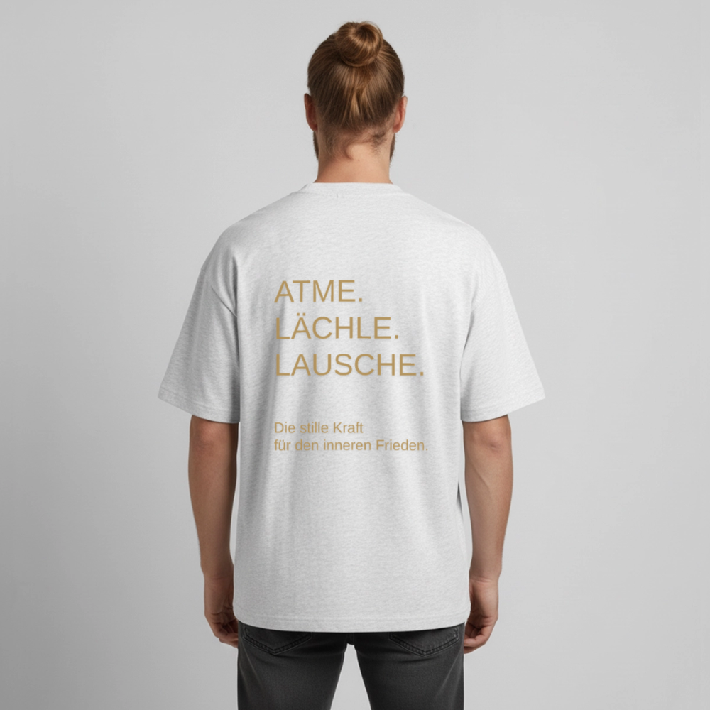 Heavyweight Unisex Bio T-Shirt "Effatá – öffne dich" Rückseite "Die stille Kraft für den inneren Frieden.§ - Kühles Grau meliert
