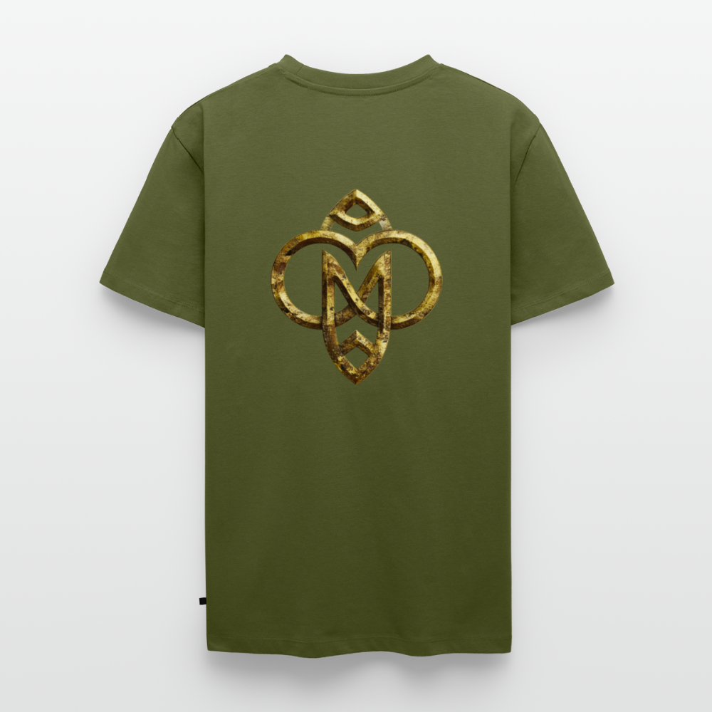 Männer Bio-T-Shirt mit V-Ausschnitt "Die höchste Monade" Druck vorne & hinten - Khaki