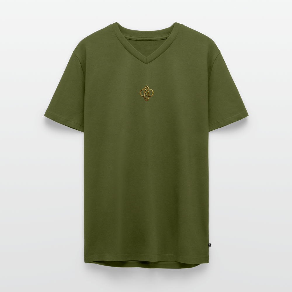 Männer Bio-T-Shirt mit V-Ausschnitt "Die höchste Monade" Druck vorne & hinten - Khaki