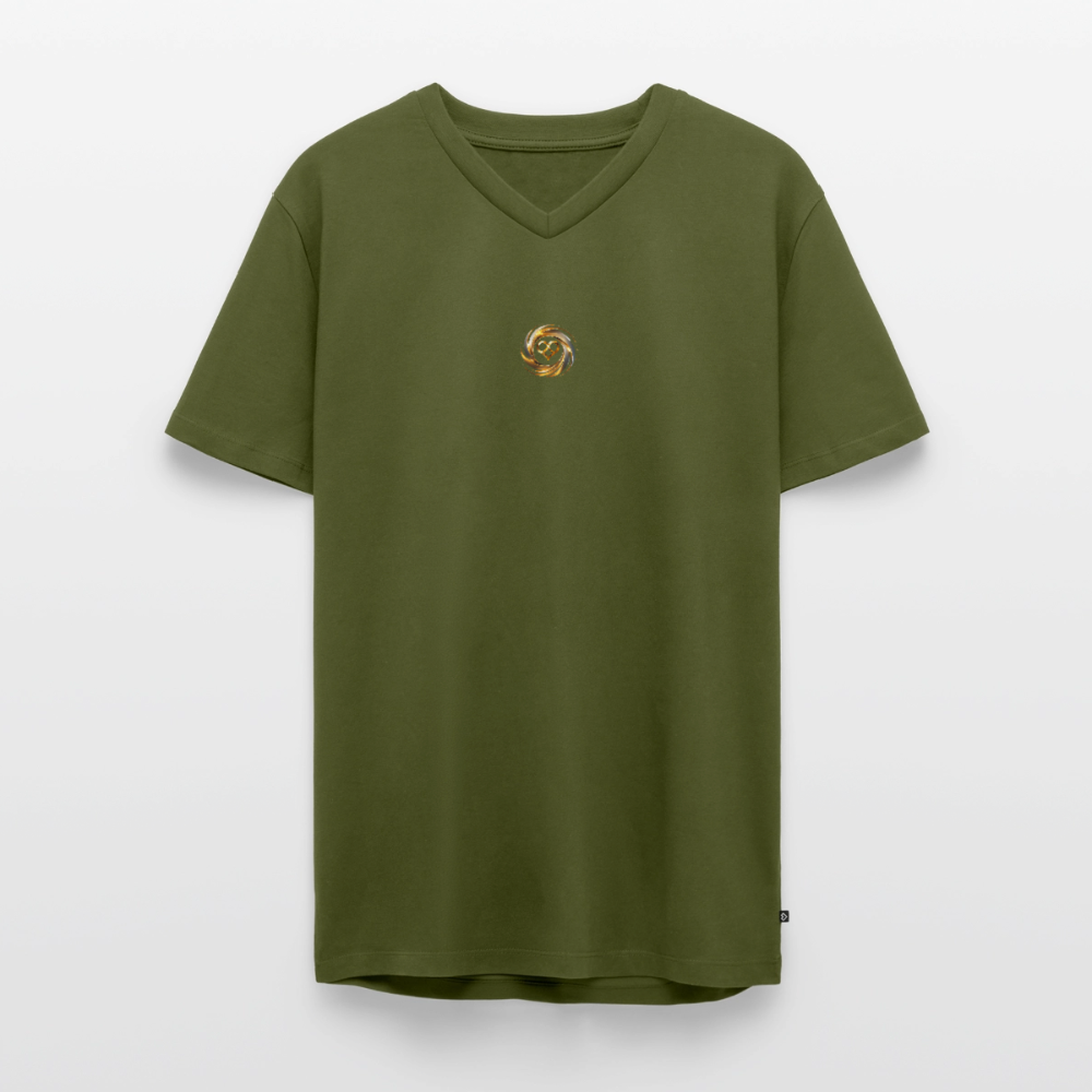 Männer Bio-T-Shirt mit V-Ausschnitt bedruckt vorne & hinten "ICH BIN" - Khaki