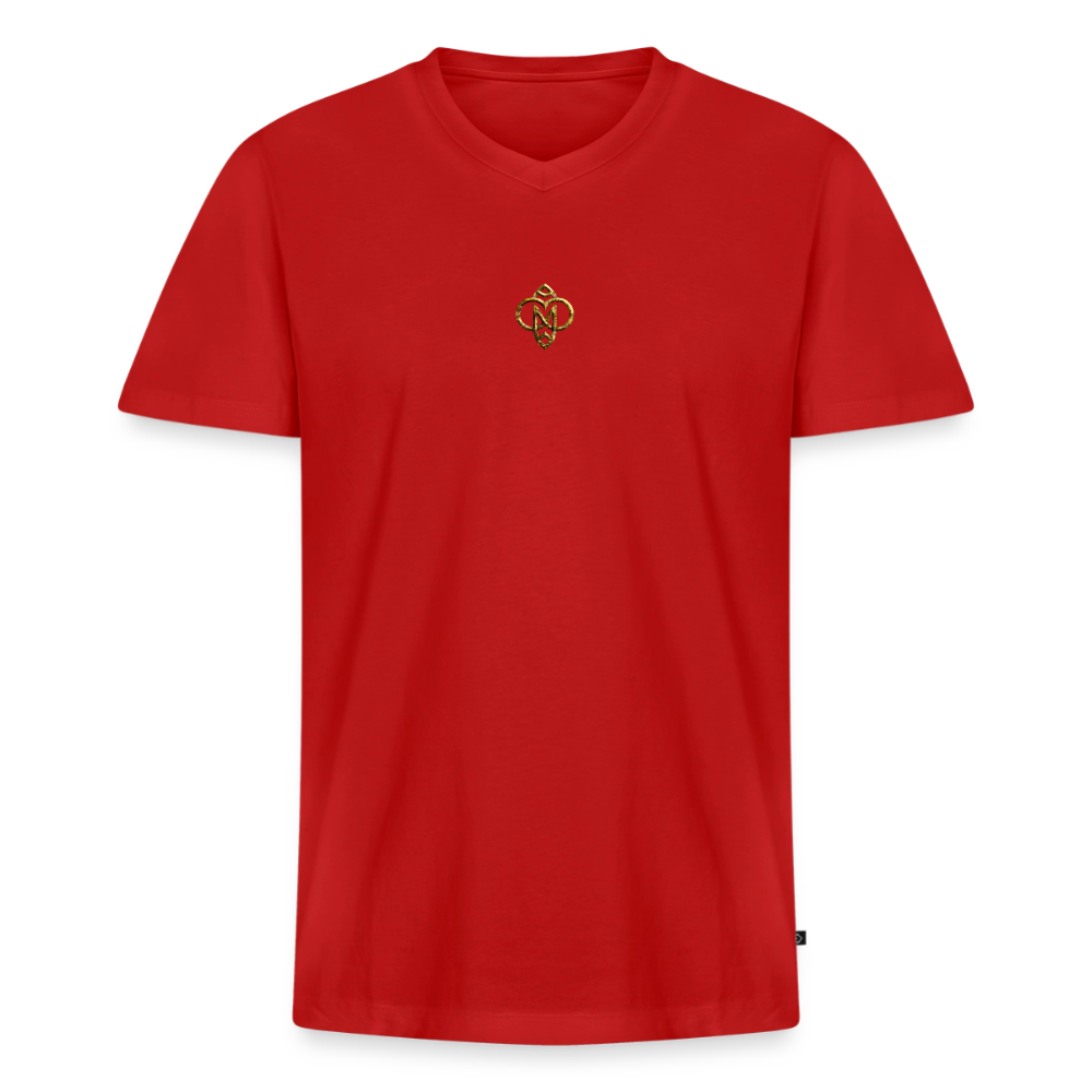 Männer Bio-T-Shirt mit V-Ausschnitt "Die höchste Monade" Druck vorne & hinten - Rot