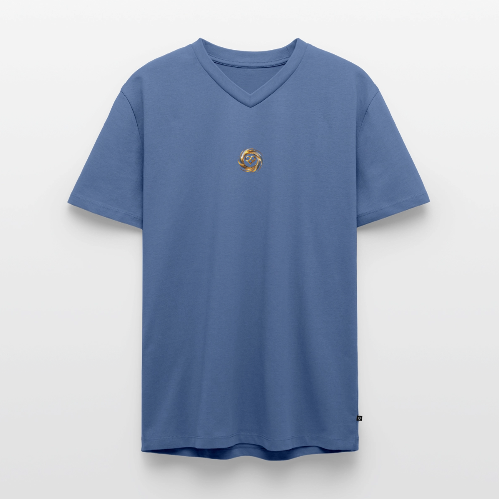 Männer Bio-T-Shirt mit V-Ausschnitt bedruckt vorne & hinten "ICH BIN" - Taubenblau