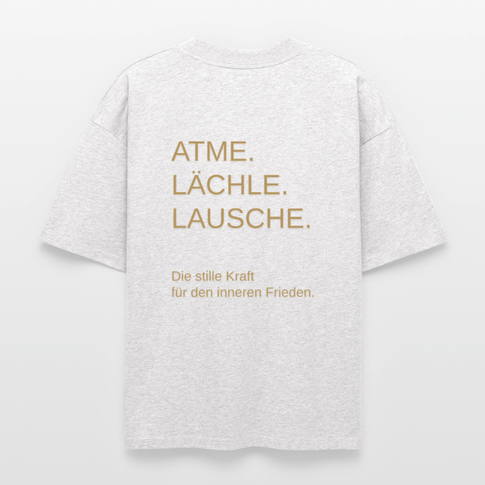 Heavyweight Unisex Bio T-Shirt "Effatá – öffne dich" Rückseite "Die stille Kraft für den inneren Frieden.§ - Kühles Grau meliert