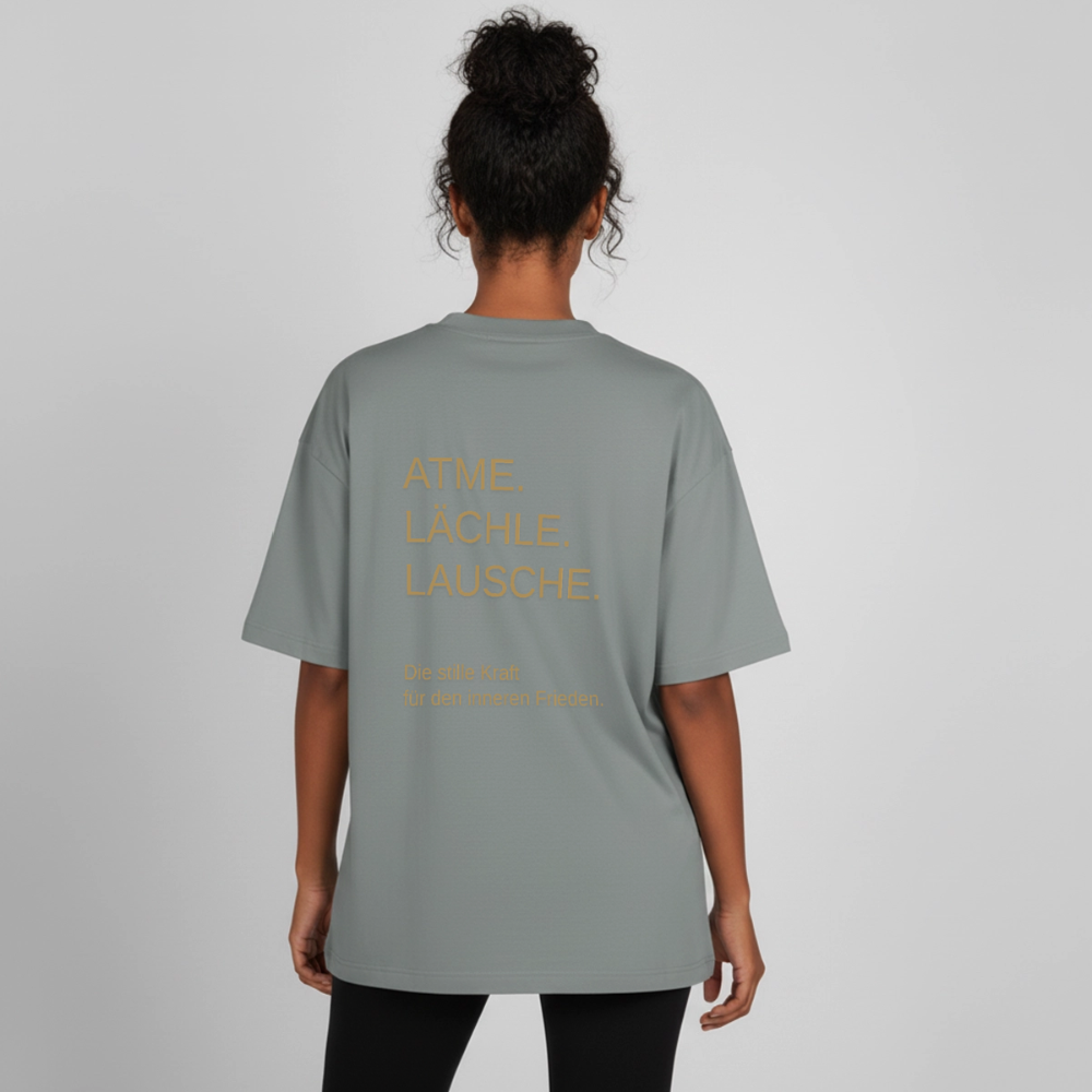 Heavyweight Unisex Bio T-Shirt "Effatá – öffne dich" Rückseite "Die stille Kraft für den inneren Frieden.§ - Nebelgrau