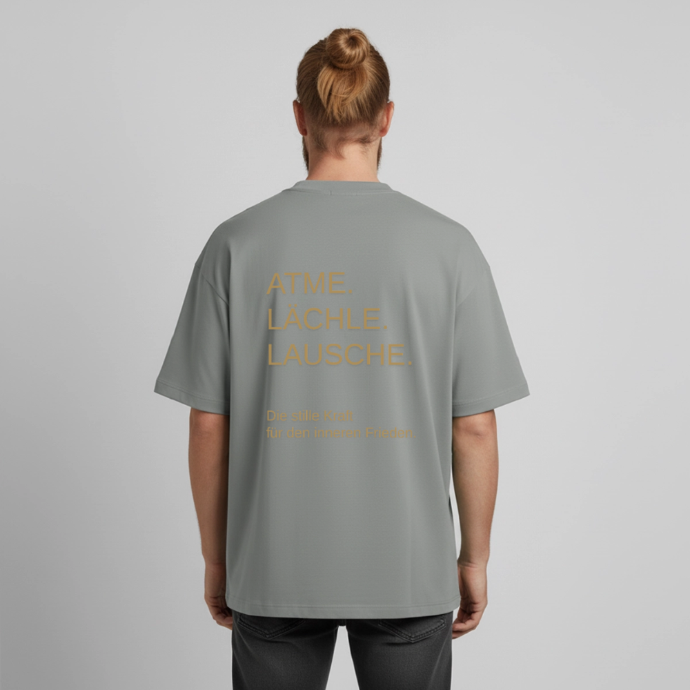 Heavyweight Unisex Bio T-Shirt "Effatá – öffne dich" Rückseite "Die stille Kraft für den inneren Frieden.§ - Nebelgrau