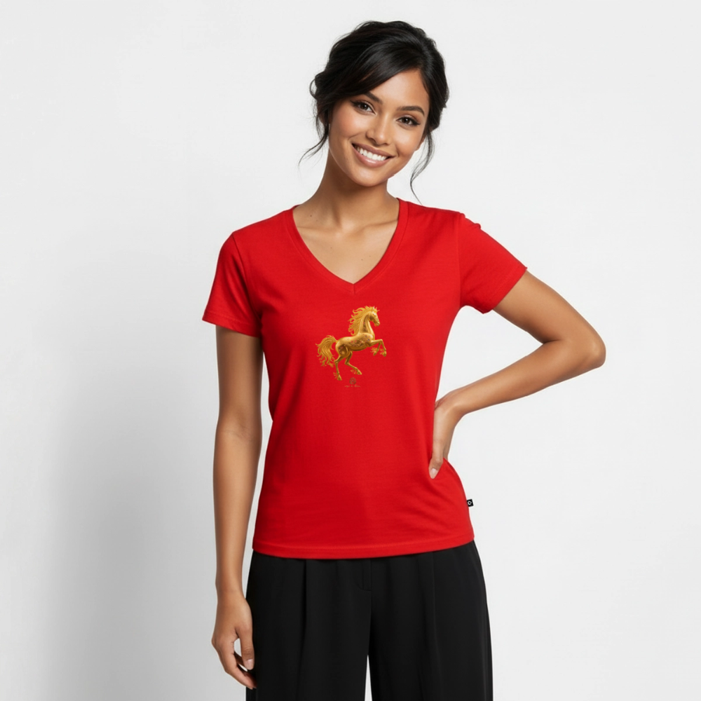 Frauen Bio-T-Shirt mit V-Ausschnitt "Feuerpferd" - Rot