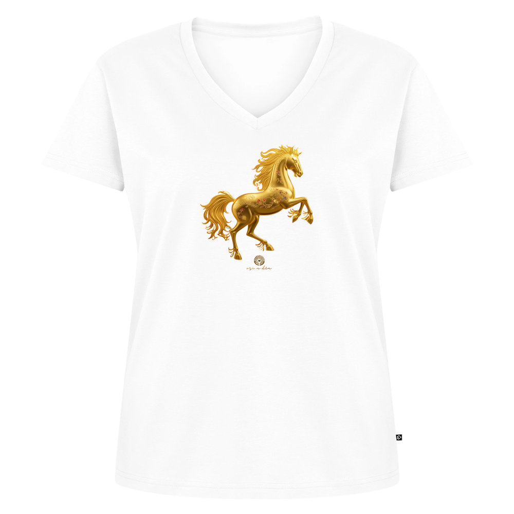 Frauen Bio-T-Shirt mit V-Ausschnitt "Feuerpferd" - Weiß