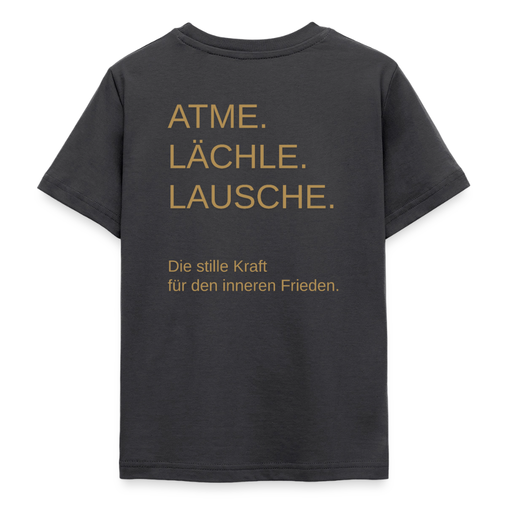 Teenager T-Shirt "Effatá" Rückseite "Die stille Kraft für den inneren Frieden." - Dunkelgrau